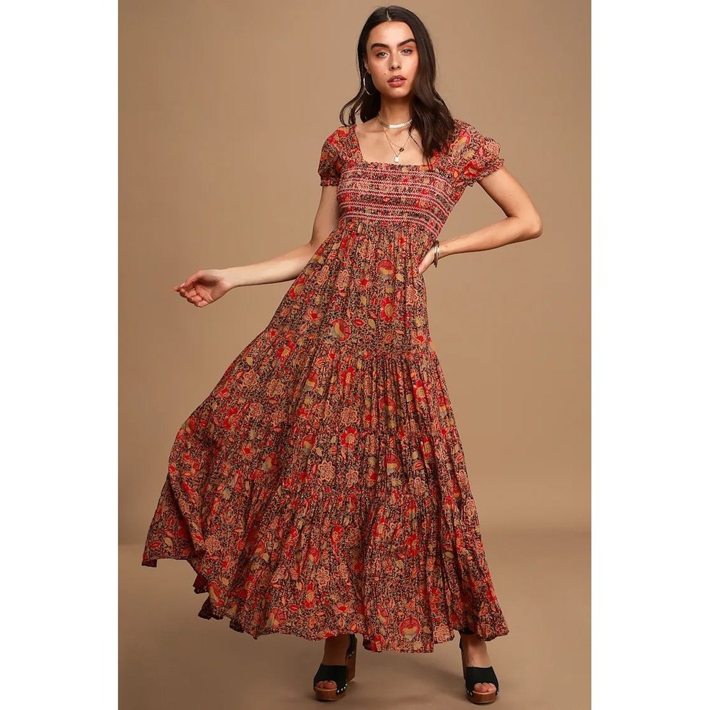 Free People Getaway Red Floral Pleated Tiered Maxi Dress Medium Boho Milkmaid
